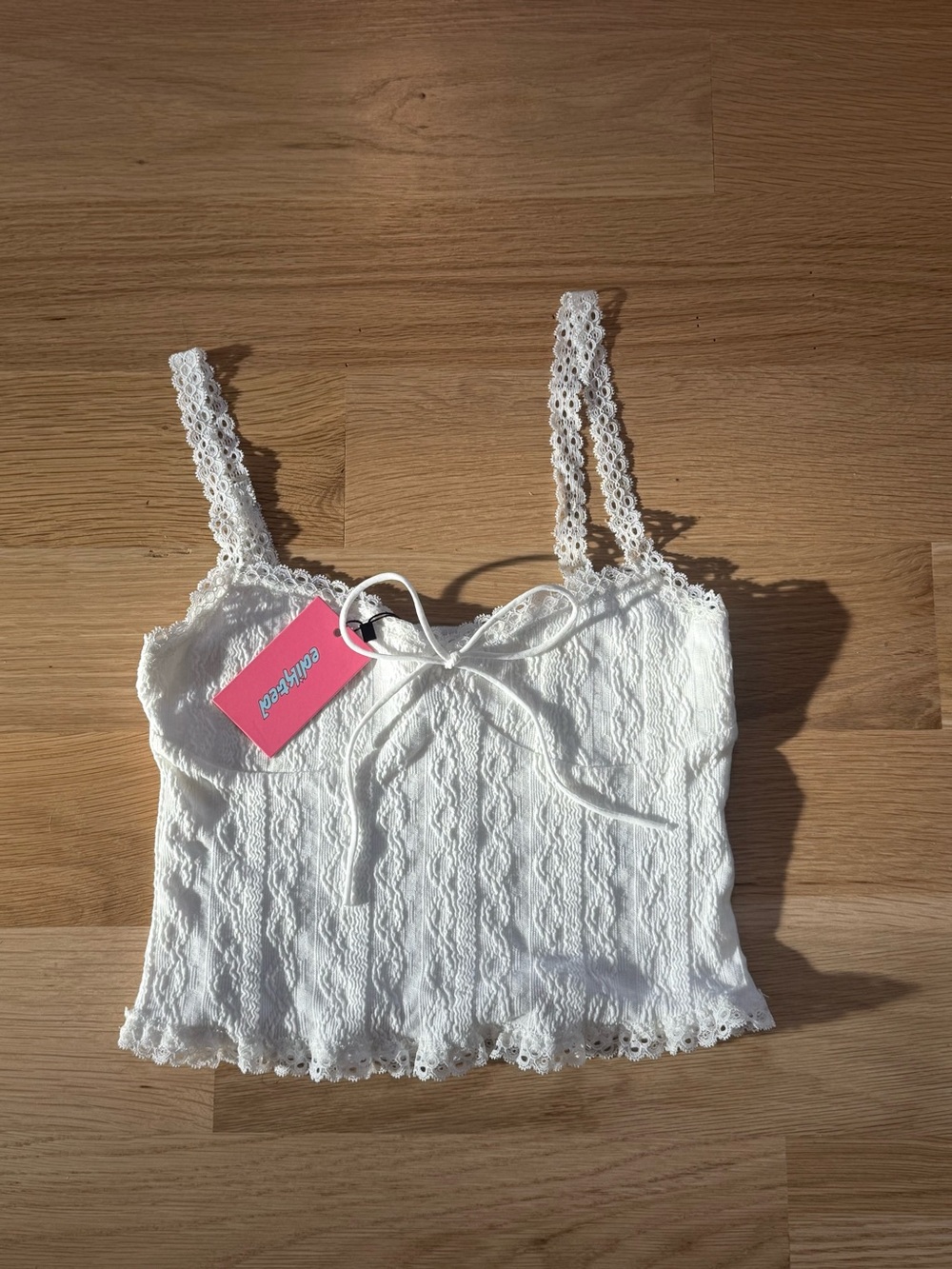 Edikted White Lace Trim Crop Tank with Bow Accent